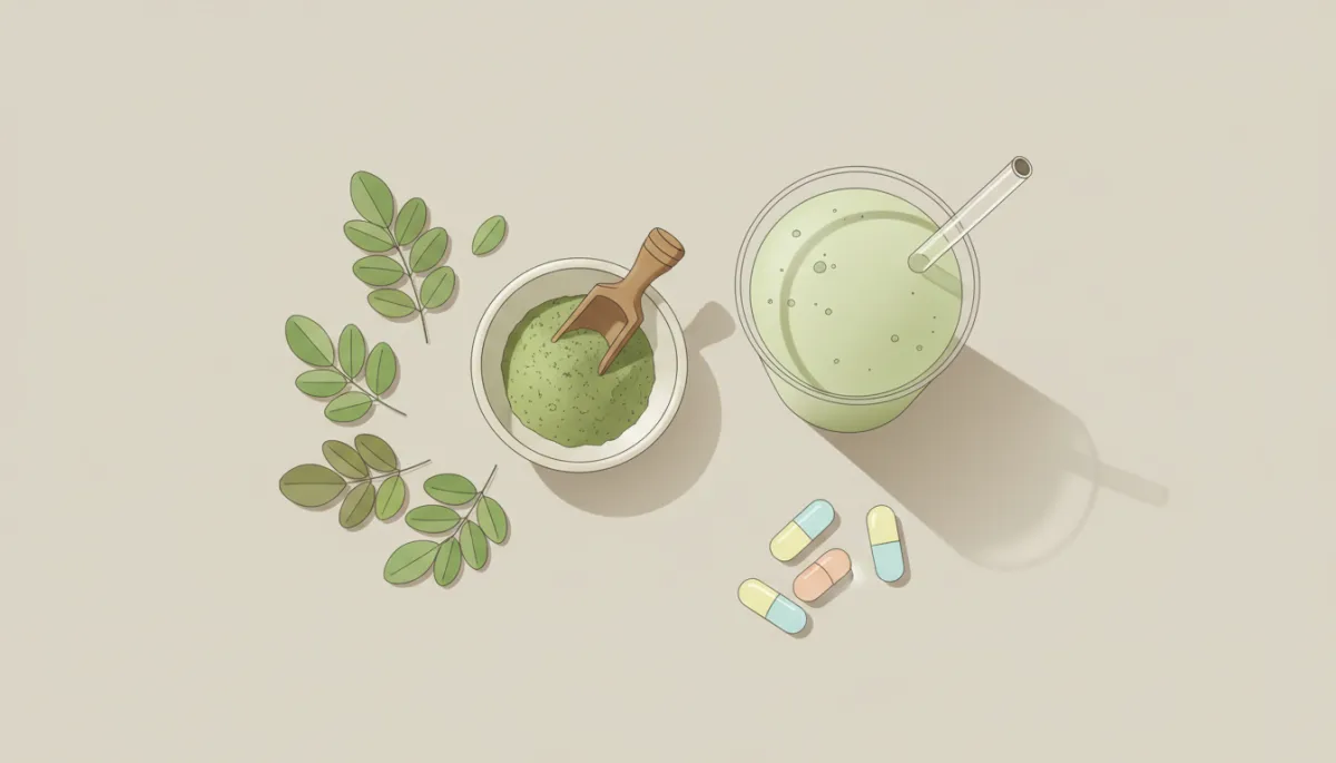 Moringa powder, smoothie, and multivitamin capsules arranged on a table Moringa powder, smoothie, and multivitamin capsules arranged on a table