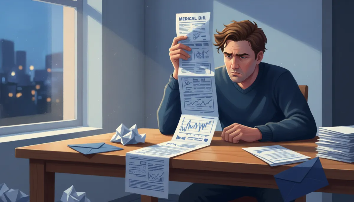 Photorealistic scene of a frustrated adult sitting at a kitchen table in the evening, holding a long, confusing medical bill with other statements scattered around, blue and navy health-insurance color palette, soft natural light from a nearby window, high detail
