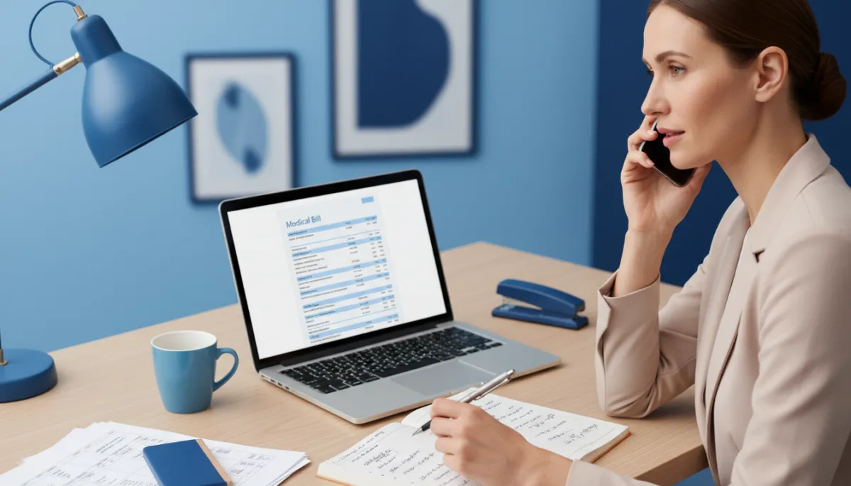 Photorealistic close-up of a confident professional sitting at a desk with a laptop open to a medical bill statement, speaking on the phone while taking notes, blue and navy office decor, calm focused expression, high detail