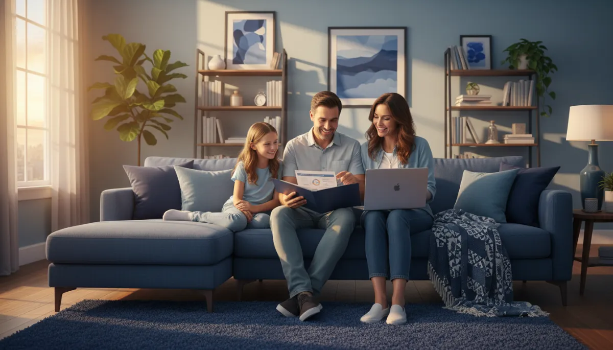 Photorealistic happy family of four sitting together on a living room sofa, reviewing health insurance documents and a laptop, looking relieved and protected, soft evening light, blue and navy accents in the room, high detail