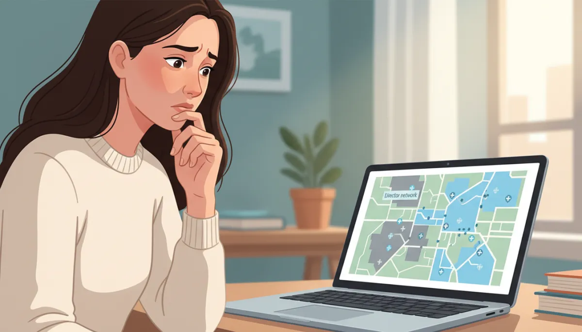 Close-up of a concerned adult looking at a laptop showing a limited doctor network map, with many areas grayed out, soft natural light in a home office