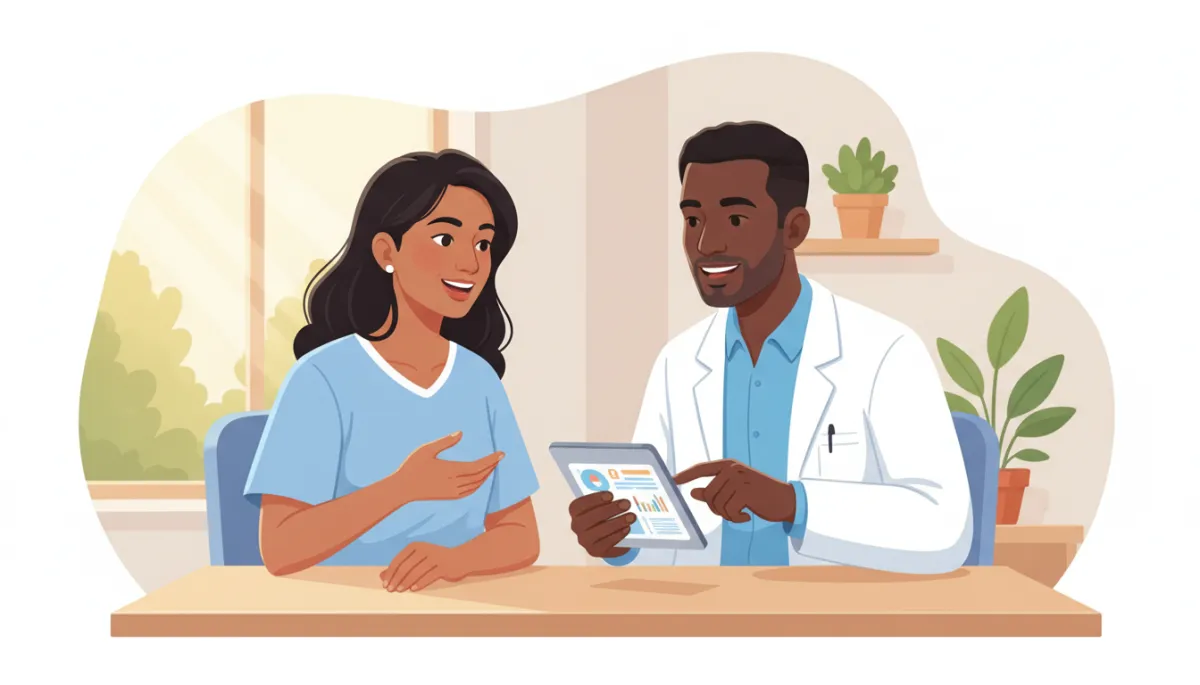 Smiling patient talking with a physician in a bright exam room, both reviewing digital medical records on a tablet, relaxed and friendly atmosphere