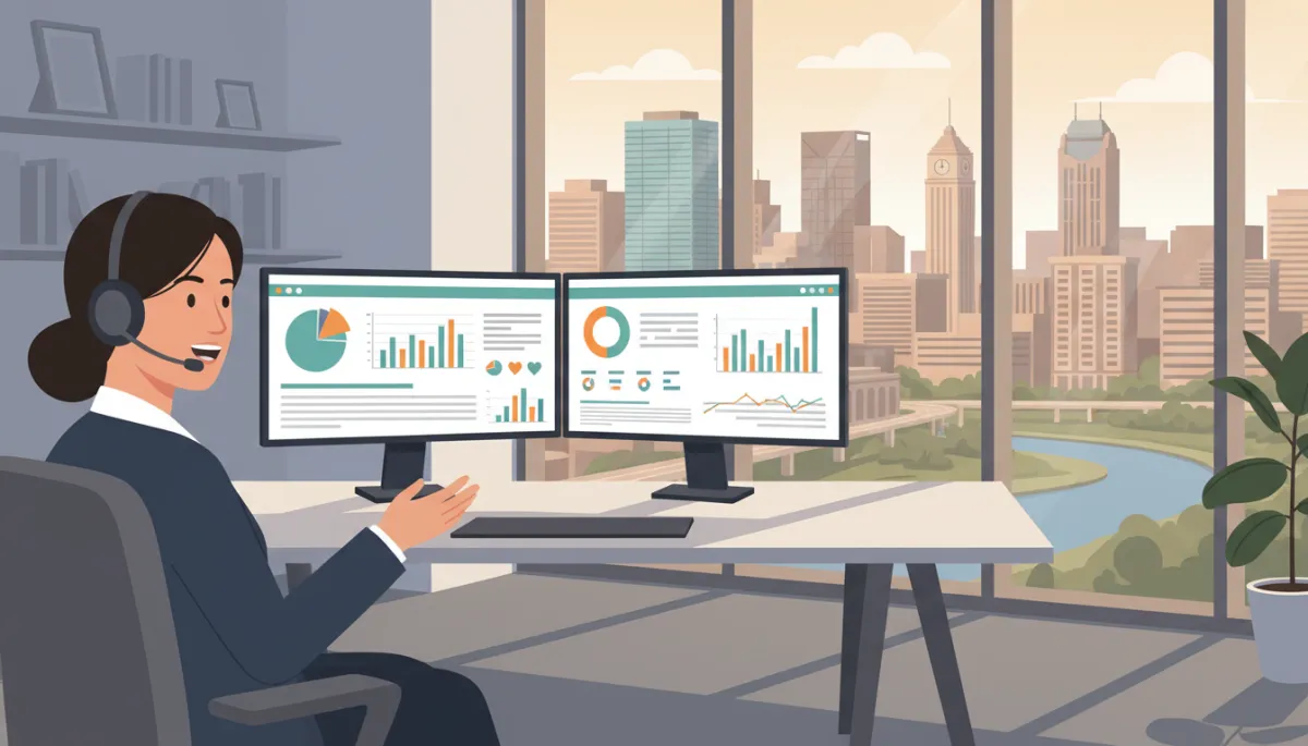 Professional insurance advisor in a modern Oklahoma City office speaking on the phone with a client, dual monitors showing health plan comparisons, city buildings visible through large windows