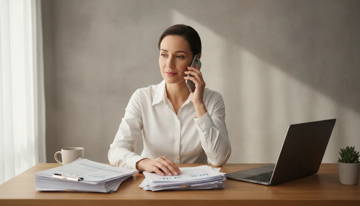 Confident person on the phone reviewing medical bills and documents