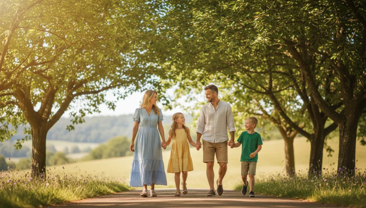 A photorealistic, high-resolution image of a happy family of four—two parents and two young children—walking together outdoors in a lush, sunlit park. The parents are each holding one child’s hand, symbolizing support and togetherness. The scene radiates warmth, freedom, and well-being, with sunlight filtering through green trees, casting a gentle glow on the family. The overall atmosphere conveys health, happiness, and the freedom to choose, perfectly complementing a blog about healthcare freedom and the ability to choose any doctor at any time. The family is casually dressed, smiling, and engaged, representing confidence and trust in their healthcare choices.