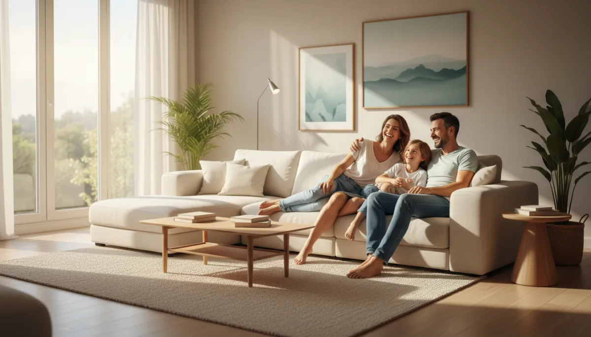 A photorealistic, high-quality image of a family of four—parents and two children—relaxing together in a cozy, sunlit living room. They are sitting comfortably on a modern sofa, smiling, laughing, and engaging in warm conversation, embodying the feelings of comfort, security, and peace of mind. The scene conveys a sense of freedom and well-being, visually representing the empowerment that comes with having the freedom to choose any doctor at any time. The living room is tastefully decorated with soft, neutral tones and natural light streaming through large windows, reinforcing a welcoming and safe home environment.