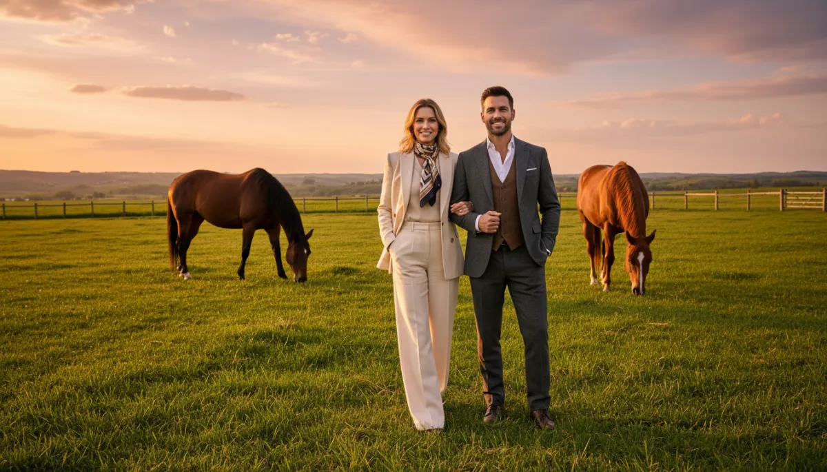 A photorealistic photo of a well-dressed couple standing confidently in front of horses on a beautiful ranch at golden hour, wide open sky, lush green pasture. No text, no overlays, no captions, no illustrations, and no cartoon style.