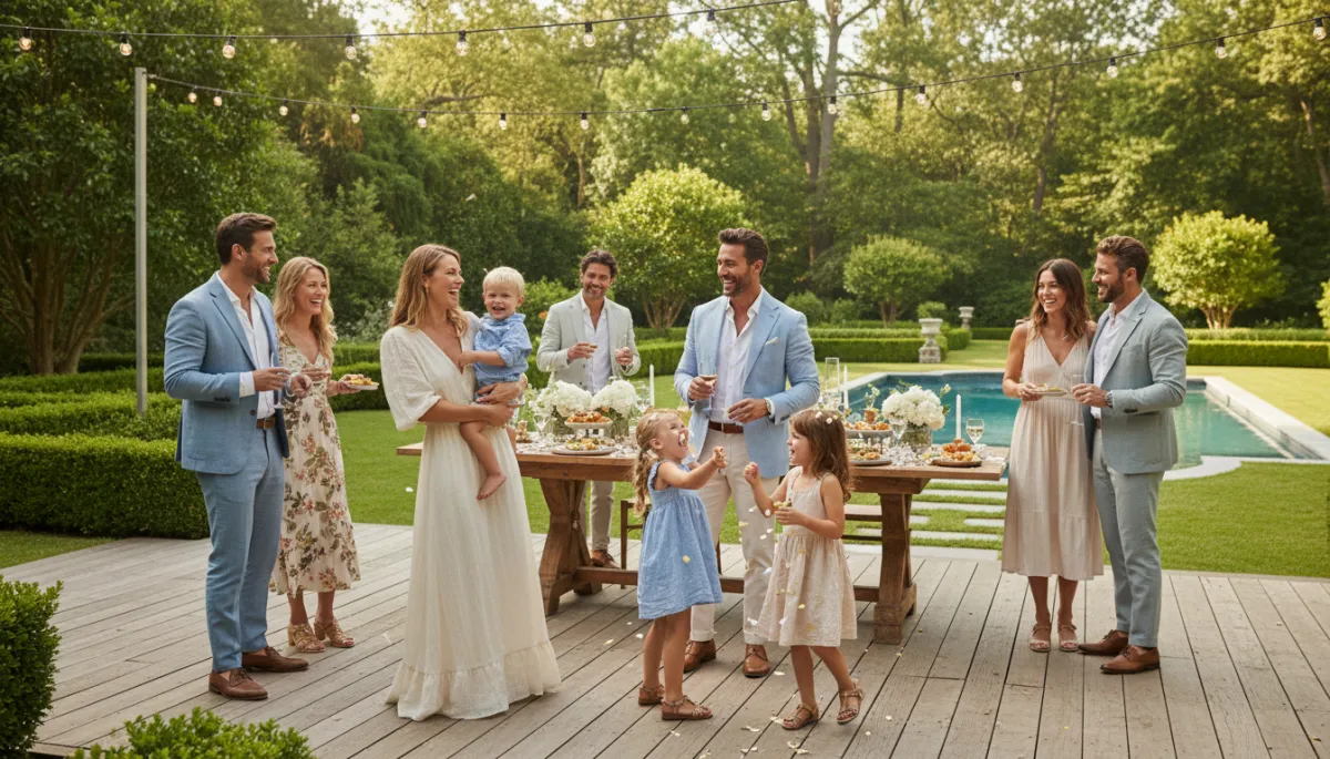 A photorealistic happy affluent family enjoying an outdoor celebration at an upscale backyard estate on a bright sunny day, lush green landscaping, string lights, well-dressed adults and kids laughing together. No text, no overlays, no captions, no illustrations, and no cartoon style.