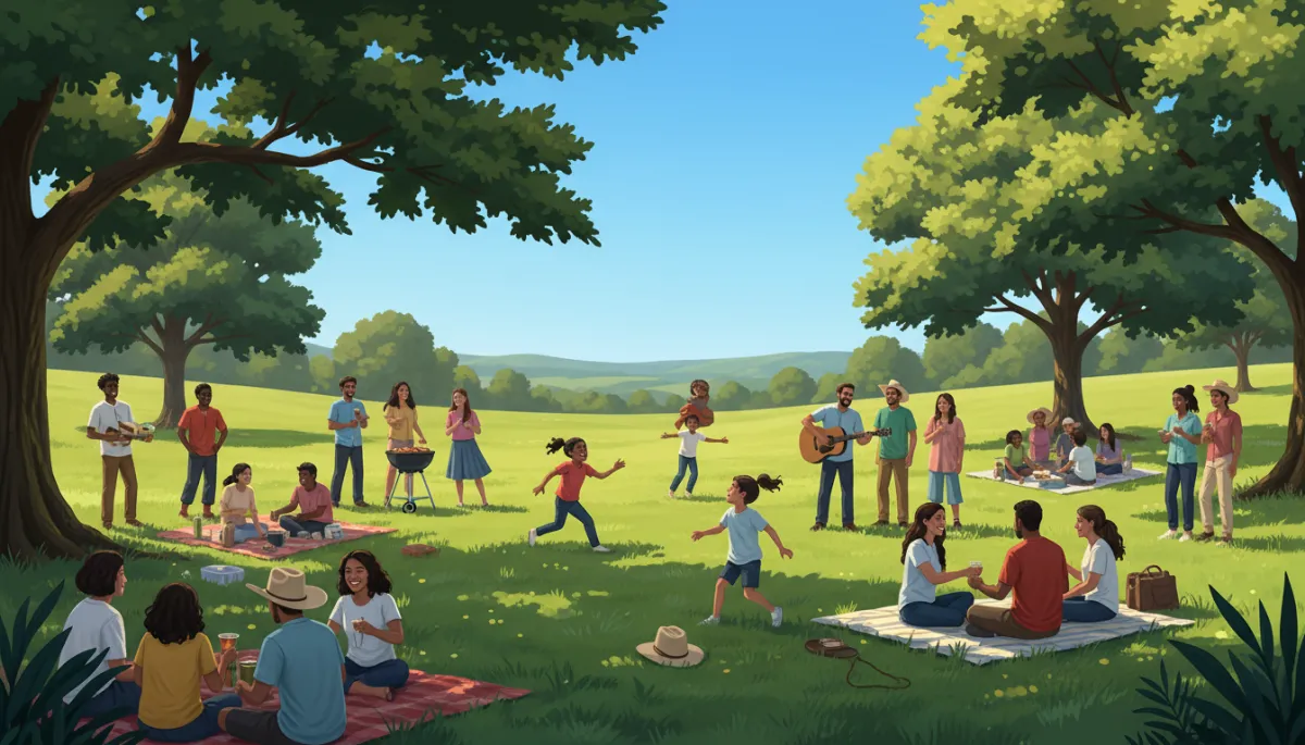 Photorealistic image of happy Oklahoma families and friends of diverse ages and backgrounds enjoying life outdoors in a bright sunny park, with green trees, blue sky, and a relaxed, uplifting weekend atmosphere. No text, no overlay, no gradient.