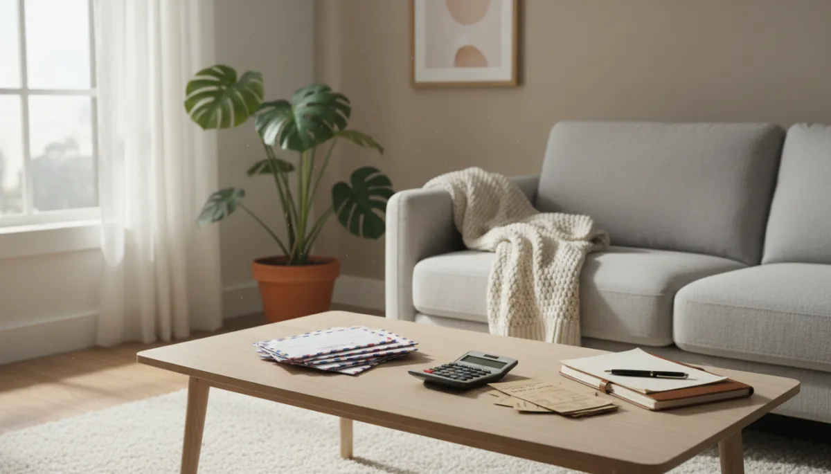photorealistic neutral toned scene of a tidy living room with morning light coming through a window, unopened medical mail and utility bills neatly stacked on a coffee table next to a calculator and notepad, a soft throw blanket on a couch suggesting someone recovering at home, calm but serious mood
