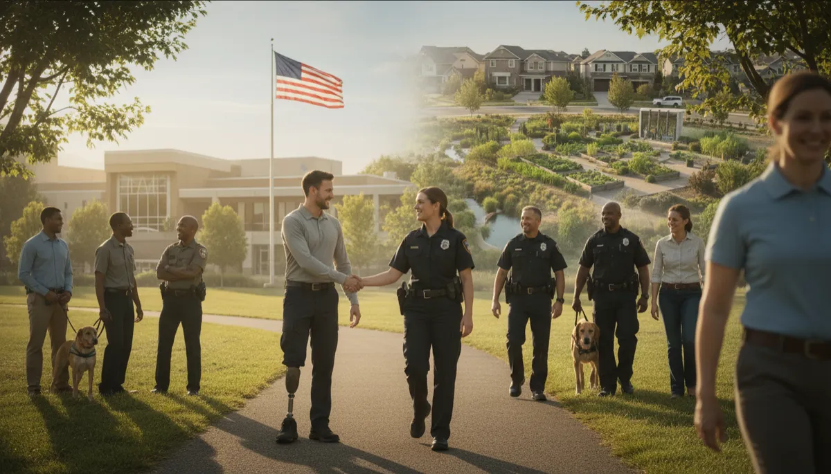 Formerly incarcerated veteran being welcomed by a supportive employer with a reentry advocate present Formerly incarcerated veteran being welcomed by a supportive employer with a reentry advocate present