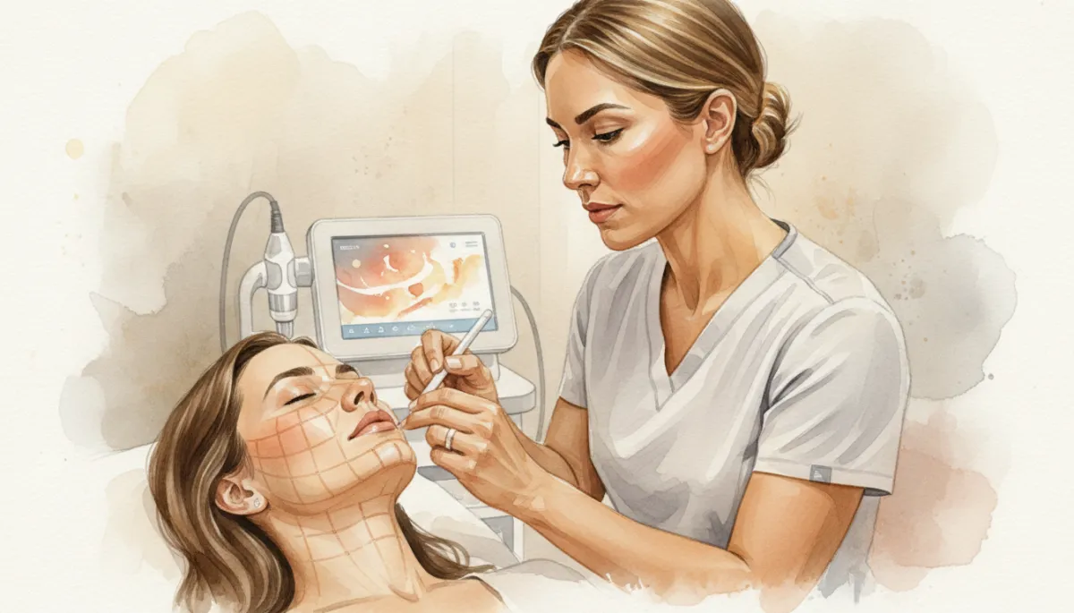 Clinician assessing Morpheus8 RF microneedling treatment areas on lower face and neck Clinician assessing Morpheus8 RF microneedling treatment areas on lower face and neck