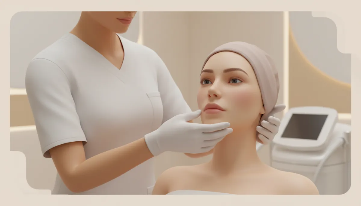 Clinician assessing facial skin before RF tightening treatment Clinician assessing facial skin before RF tightening treatment