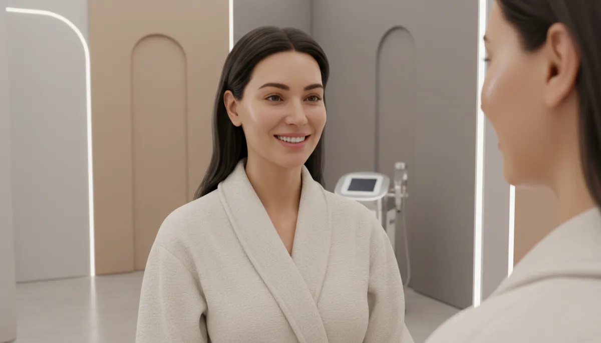 professional neutral-toned close-up of smiling adult client in spa robe looking at hydrated glowing skin in mirror after HydraFacial, modern treatment room background professional neutral-toned close-up of smiling adult client in spa robe looking at hydrated glowing skin in mirror after HydraFacial, modern treatment room background