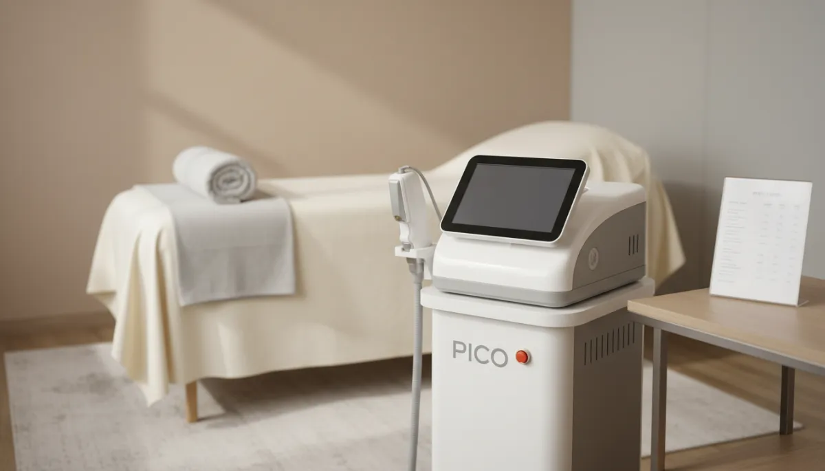 Modern treatment room with a PICO laser device and pricing brochure Modern treatment room with a PICO laser device and pricing brochure
