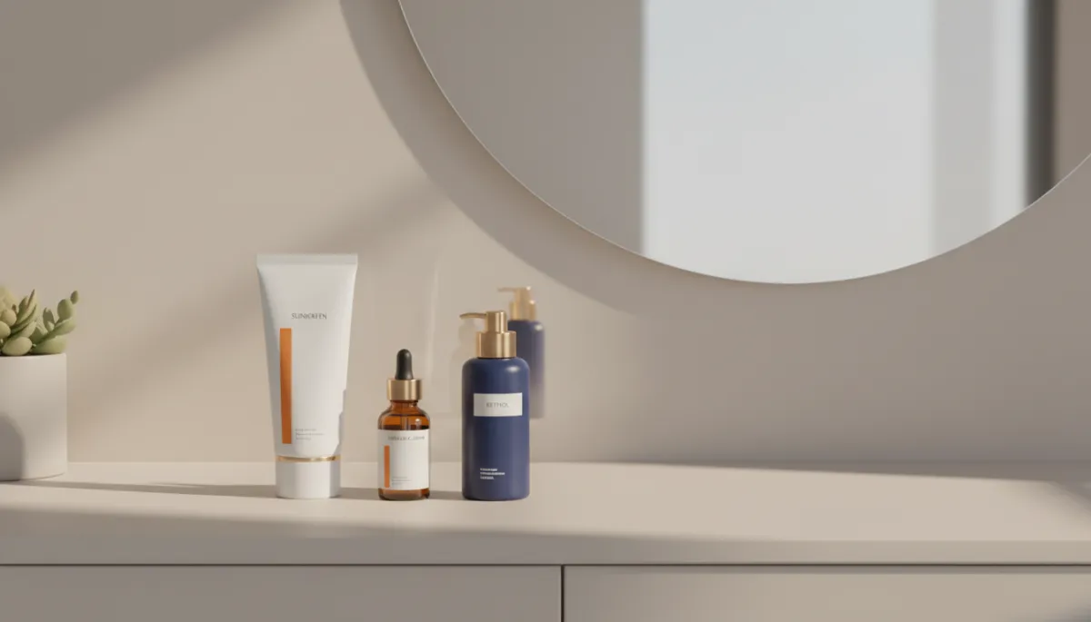 Selection of skincare products for treating facial sun damage Selection of skincare products for treating facial sun damage