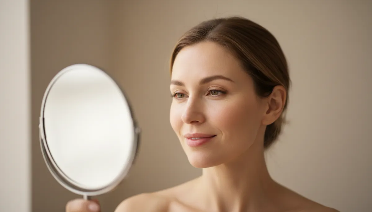 Woman checking smoother facial skin in the mirror after treatment