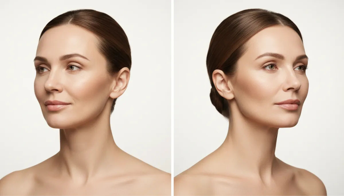 Illustrative comparison of subtle HIFU results and more dramatic facelift results in neutral professional style