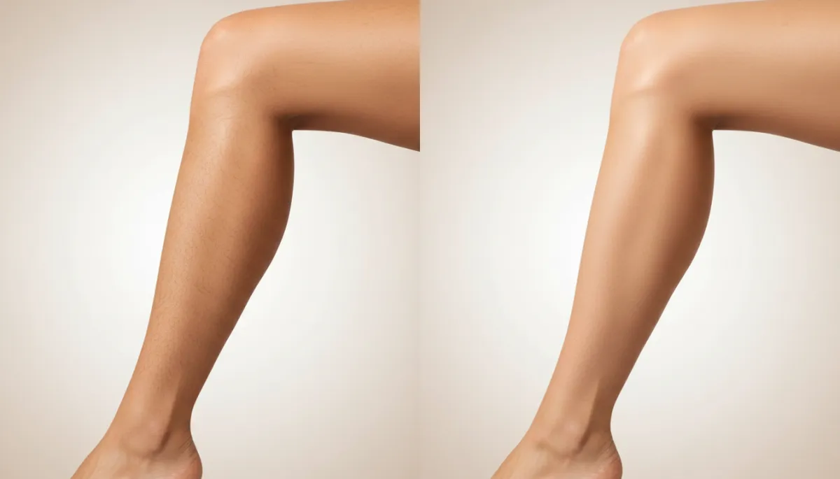 Create a photorealistic, high-resolution image showing a before-and-after comparison of lower legs, relevant to laser hair removal. The image is split vertically: on the left side, depict a lower leg with visible, natural hair growth to suggest the appearance before undergoing laser hair removal sessions; on the right side, show a smooth, hair-free lower leg, representing the results after multiple sessions. Ensure the skin tones and lighting are consistent across both sides for a professional, clinical look. The setting should be neutral, with a soft, clean background, and the focus should be on the legs only. This visual clearly illustrates the difference laser hair removal treatments can make, supporting the blog’s discussion of how many sessions are needed for effective results. Create a photorealistic, high-resolution image showing a before-and-after comparison of lower legs, relevant to laser hair removal. The image is split vertically: on the left side, depict a lower leg with visible, natural hair growth to suggest the appearance before undergoing laser hair removal sessions; on the right side, show a smooth, hair-free lower leg, representing the results after multiple sessions. Ensure the skin tones and lighting are consistent across both sides for a professional, clinical look. The setting should be neutral, with a soft, clean background, and the focus should be on the legs only. This visual clearly illustrates the difference laser hair removal treatments can make, supporting the blog’s discussion of how many sessions are needed for effective results.