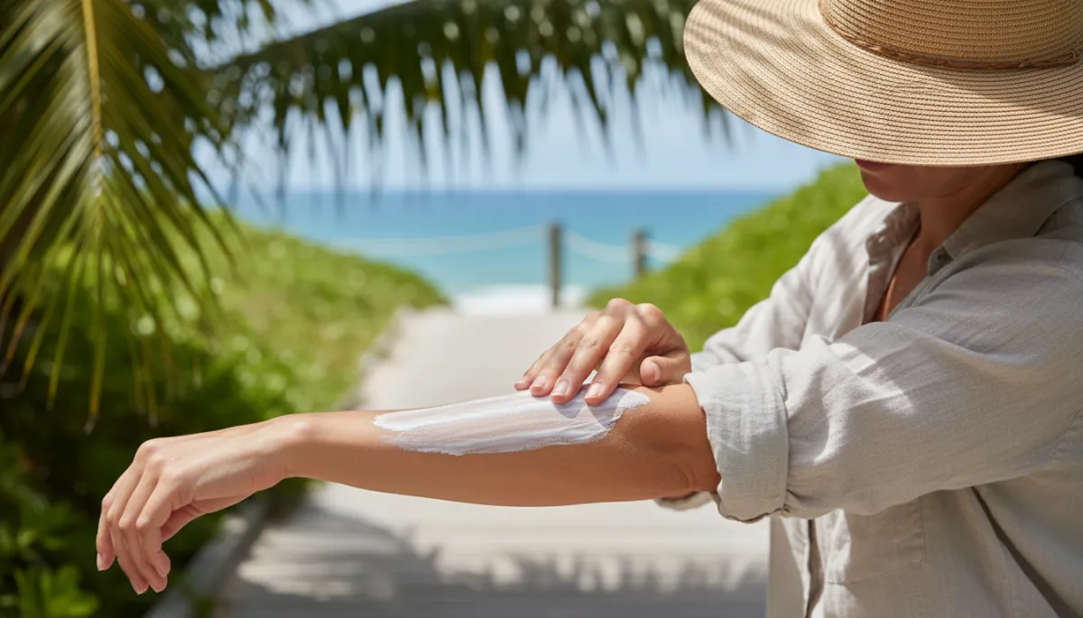 Person applying sunscreen to protect skin after laser hair removal in Queensland summer Person applying sunscreen to protect skin after laser hair removal in Queensland summer