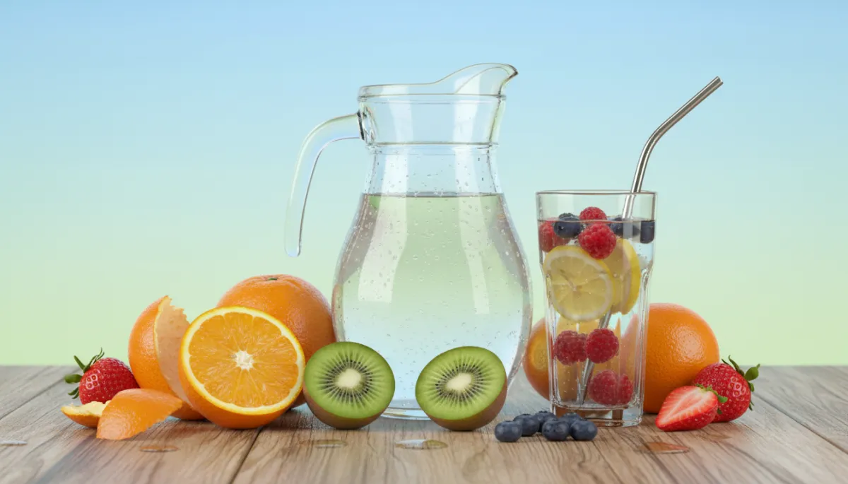 A vibrant, refreshing still life of a pitcher of water, a glass of infused water with lemon and berries, and an assortment of colorful fruits such as oranges, kiwis, and strawberries on a wooden table. The image conveys hydration and natural vitamin sources with no medical equipment, needles, or IV bags present.