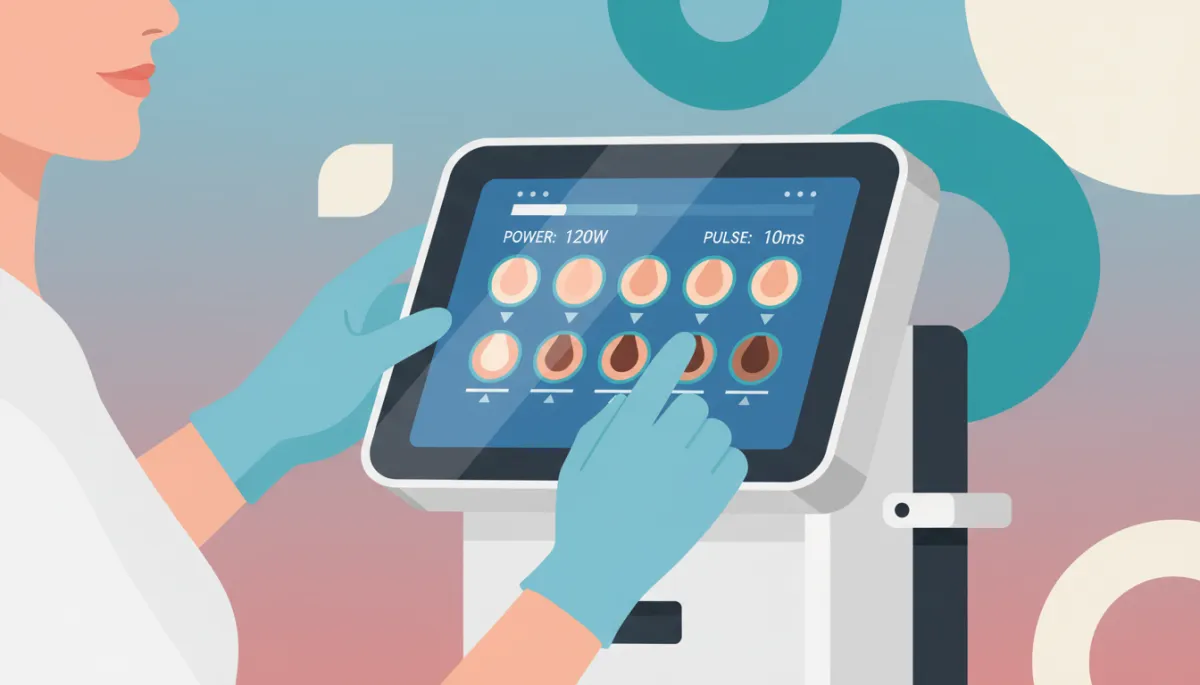 Clinician selecting laser settings for different skin tones on a device screen