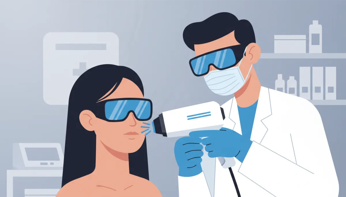Dermatologist performing pico laser treatment on a patient’s face in a neutral-toned clinic