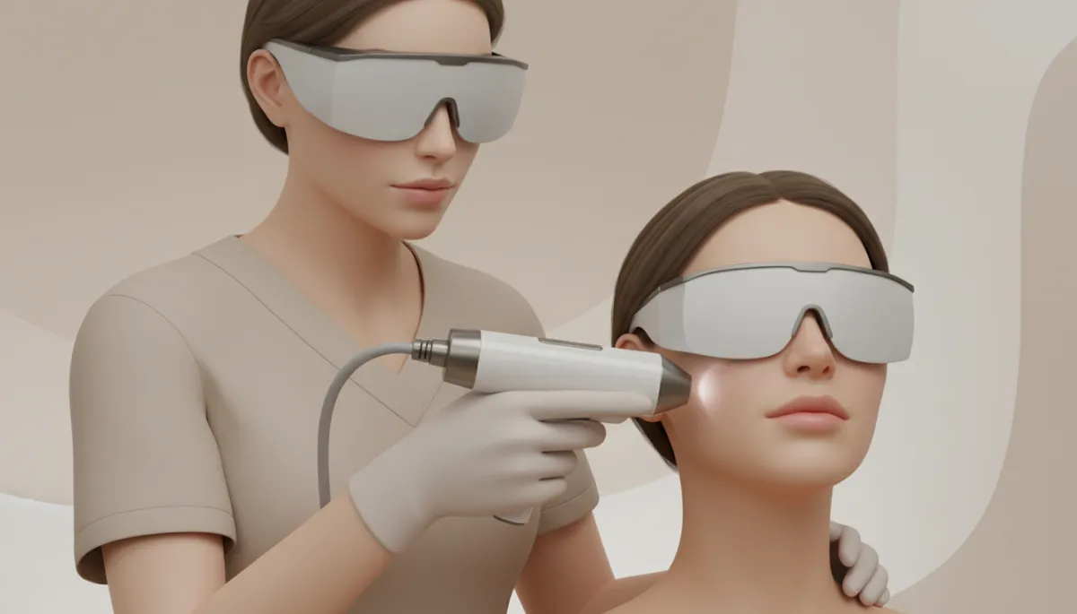 Clinician using pico laser device to treat sun damage on a client’s face Clinician using pico laser device to treat sun damage on a client’s face