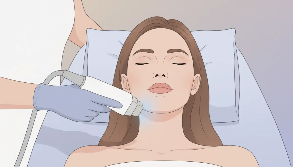 Client receiving HIFU treatment along the jawline and neck in a professional clinic