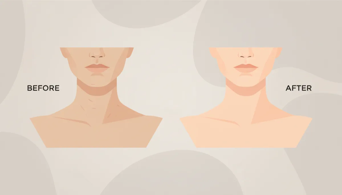 Close-up of female jawline neck and décolletage showing firmer skin after HIFU