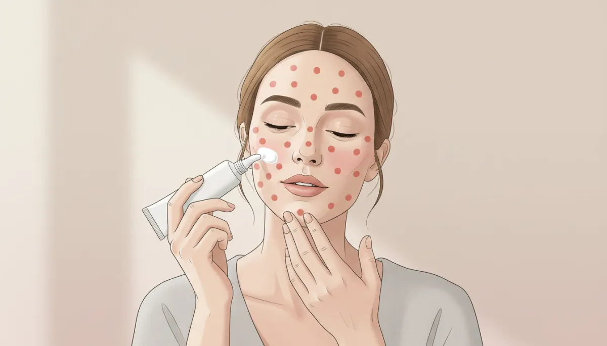 Person gently applying ointment to healing skin after CO2 laser treatment Person gently applying ointment to healing skin after CO2 laser treatment