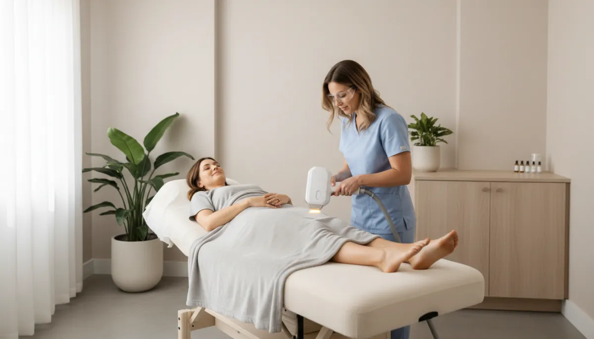 professional neutral-toned clinic treatment room, client lying comfortably on treatment bed while licensed practitioner uses modern laser hair removal device on lower leg, soft natural lighting, calm and minimalist decor professional neutral-toned clinic treatment room, client lying comfortably on treatment bed while licensed practitioner uses modern laser hair removal device on lower leg, soft natural lighting, calm and minimalist decor