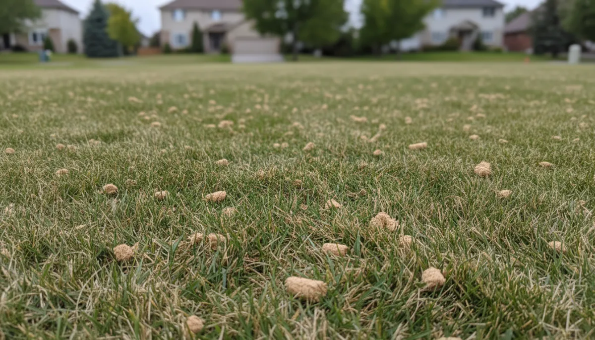 Photorealistic close-up of core aeration plugs scattered across a Richmond Hill lawn Photorealistic close-up of core aeration plugs scattered across a Richmond Hill lawn