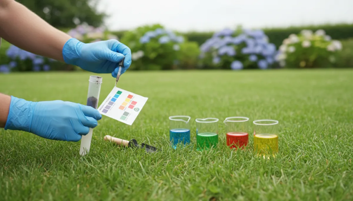 Close-up of fertilizer spreader settings being adjusted on a healthy lawn