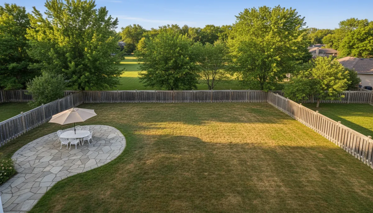 photorealistic aerial view of an Ontario suburban backyard in summer, neatly landscaped with a mix of lush green grass and noticeable irregular brown patches, surrounded by wooden fences, mature trees, and a stone patio, warm natural afternoon lighting