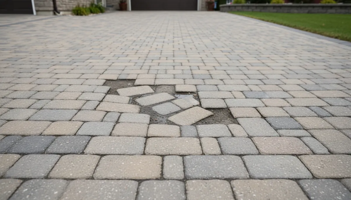 photorealistic close-up of a residential Ontario driveway with beige and grey interlock pavers showing visible sinking and uneven bricks near the tire path, neutral colour palette, soft daylight