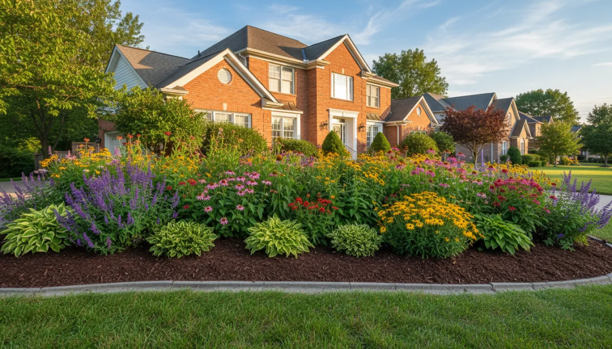 photorealistic well-maintained Ontario suburban front yard garden bed with fresh dark mulch, colourful perennials and shrubs, tidy edging and a brick Richmond Hill-style home in the background under warm summer sunlight