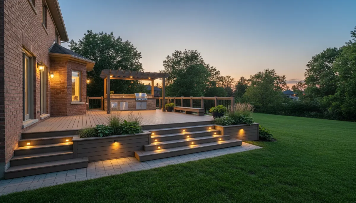 photorealistic neutral-toned Ontario backyard at dusk featuring a large multi-level composite deck attached to a brick home in Richmond Hill, clean outdoor kitchen, built-in planters, and wide stairs leading to a lawn, no people visible, soft landscape lighting highlighting deck boards and railings