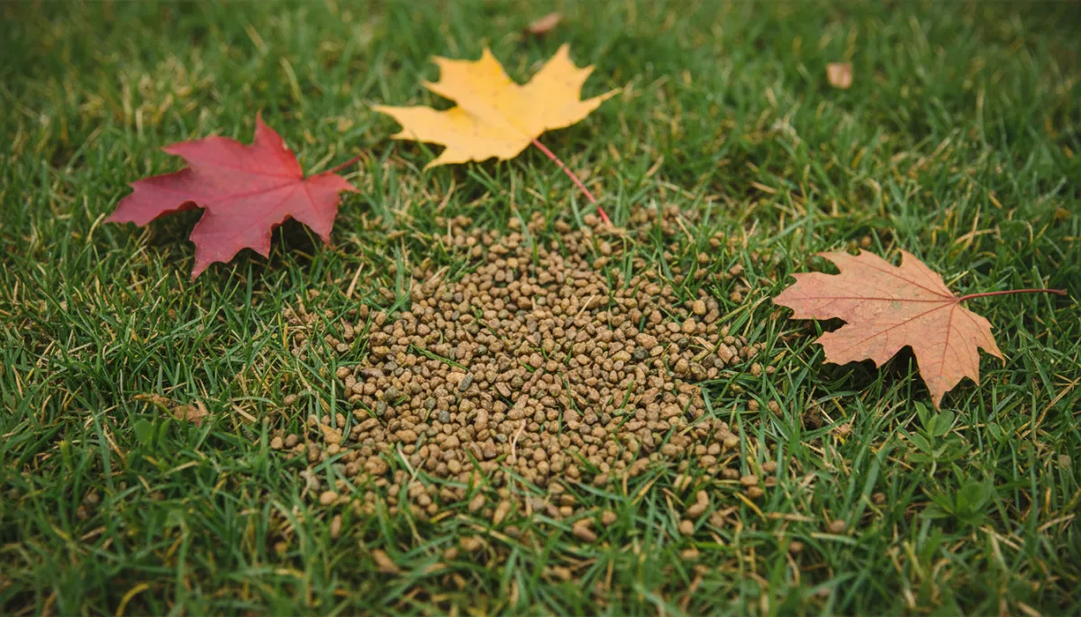 photorealistic close-up of granular fertilizer scattered on a green fall lawn with a few fallen maple leaves in neutral natural lighting, no people