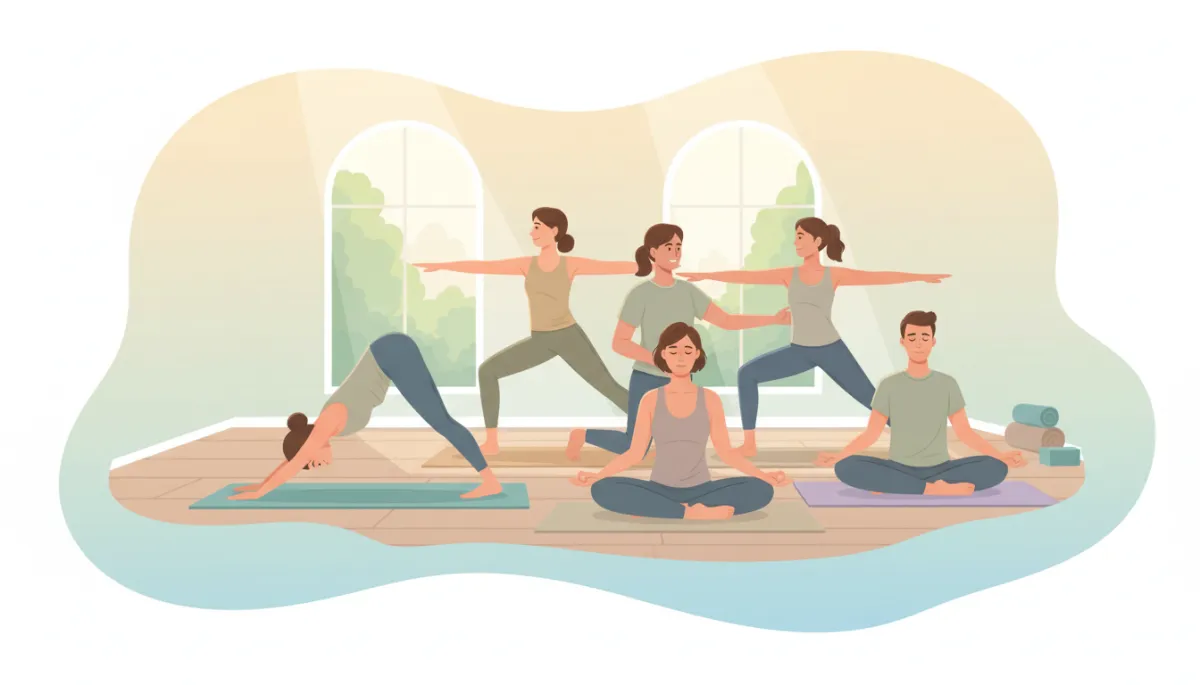 A realistic, candid photo of a small group of adults practicing yoga or group fitness exercises together in a supportive, welcoming environment. Natural lighting, casual clothing, and a focus on mindfulness or movement. A realistic, candid photo of a small group of adults practicing yoga or group fitness exercises together in a supportive, welcoming environment. Natural lighting, casual clothing, and a focus on mindfulness or movement.