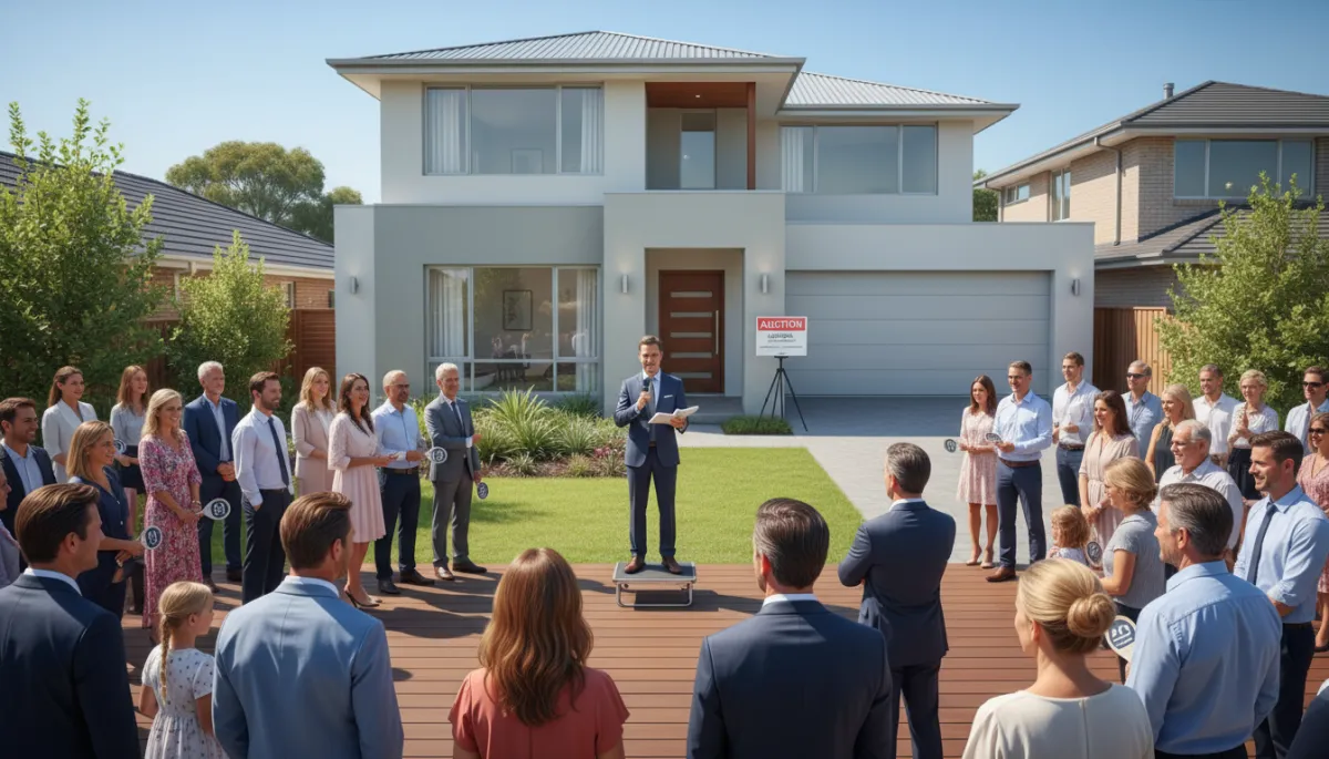 A realistic, high-quality photo of a live residential property auction taking place outside a modern Australian suburban home, featuring actual auctioneer, buyers, and the property in daylight. A realistic, high-quality photo of a live residential property auction taking place outside a modern Australian suburban home, featuring actual auctioneer, buyers, and the property in daylight.