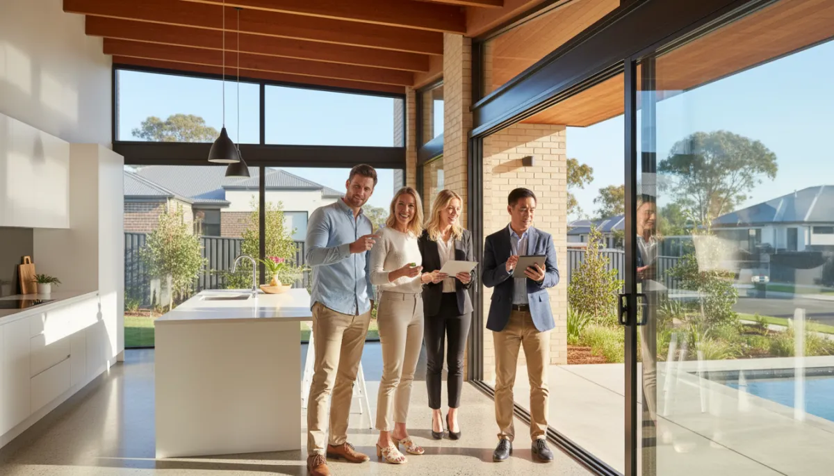 A realistic, high-resolution photo of real buyers inspecting a modern Australian suburban home, showing genuine interactions and natural lighting, ideally in an Australian setting. A realistic, high-resolution photo of real buyers inspecting a modern Australian suburban home, showing genuine interactions and natural lighting, ideally in an Australian setting.