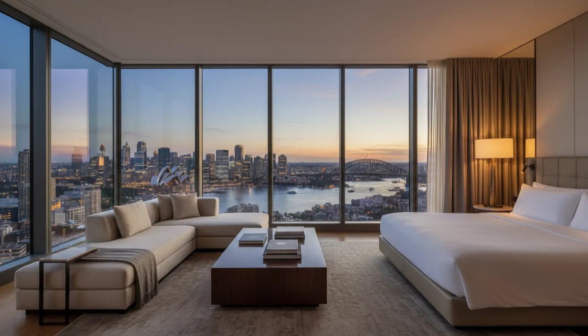 A photorealistic image of a modern luxury hotel suite with floor-to-ceiling windows offering panoramic views of an Australian city skyline, featuring elegant contemporary furnishings and soft natural lighting A photorealistic image of a modern luxury hotel suite with floor-to-ceiling windows offering panoramic views of an Australian city skyline, featuring elegant contemporary furnishings and soft natural lighting