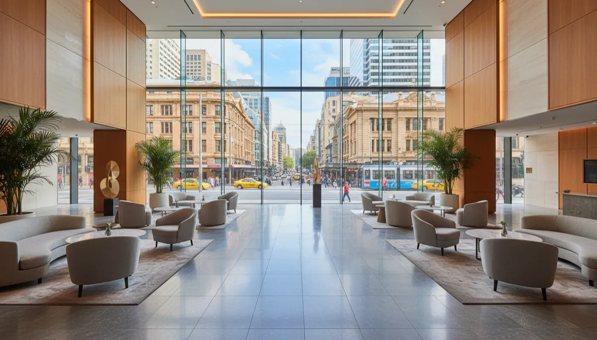 A photorealistic wide-angle shot of a contemporary luxury hotel lobby in Sydney with polished stone floors, warm timber detailing, soft seating areas, and floor-to-ceiling windows overlooking a CBD streetscape in natural daylight A photorealistic wide-angle shot of a contemporary luxury hotel lobby in Sydney with polished stone floors, warm timber detailing, soft seating areas, and floor-to-ceiling windows overlooking a CBD streetscape in natural daylight