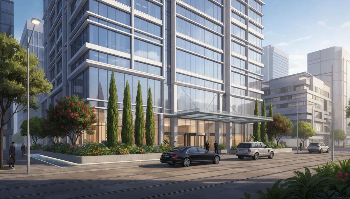 A high-resolution, photorealistic image of a premium luxury hotel exterior in the heart of an Australian CBD, featuring modern architecture with glass facades, lush landscaping, and luxury vehicles at the entrance A high-resolution, photorealistic image of a premium luxury hotel exterior in the heart of an Australian CBD, featuring modern architecture with glass facades, lush landscaping, and luxury vehicles at the entrance