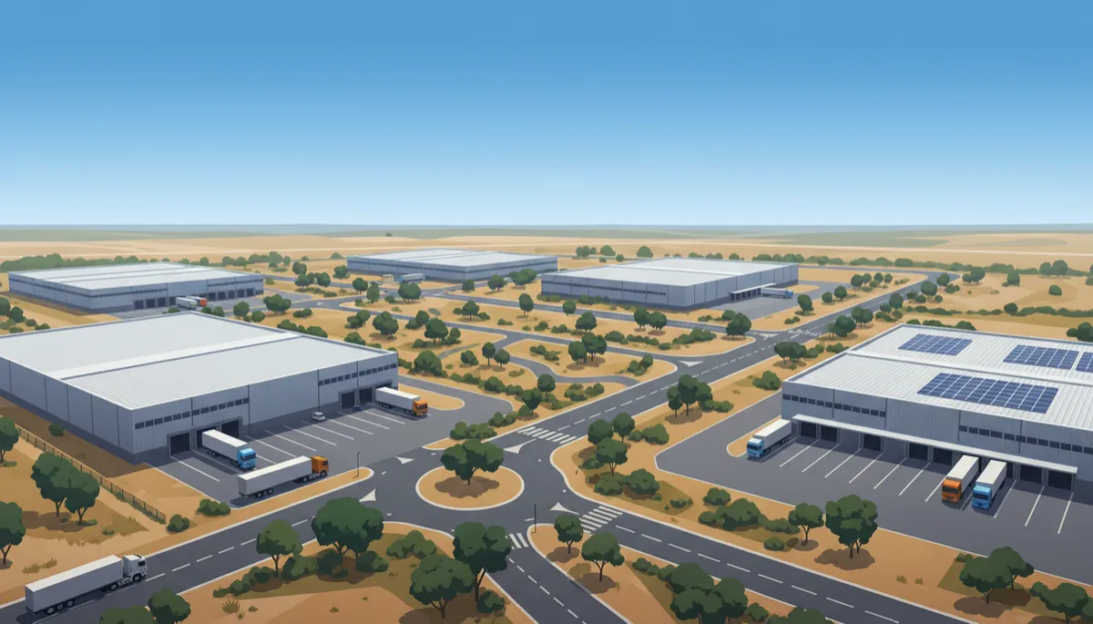 High-resolution aerial view of an Australian industrial estate showing large warehouses, local roads, truck access, and landscaped areas under clear skies High-resolution aerial view of an Australian industrial estate showing large warehouses, local roads, truck access, and landscaped areas under clear skies