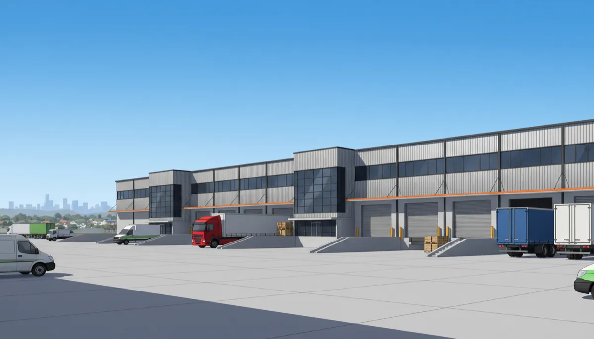 Photorealistic daytime view of a modern Australian industrial warehouse estate with multiple loading docks, clear blue sky, realistic commercial vehicles parked near roller doors, wide concrete hardstand and subtle city fringe backdrop Photorealistic daytime view of a modern Australian industrial warehouse estate with multiple loading docks, clear blue sky, realistic commercial vehicles parked near roller doors, wide concrete hardstand and subtle city fringe backdrop