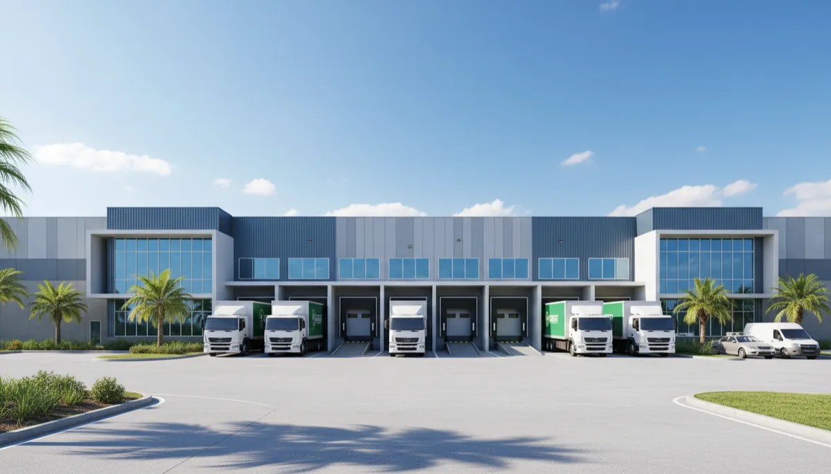 Photorealistic image of a modern Australian logistics warehouse exterior with truck loading bays, contemporary design, and delivery vehicles under a bright sky Photorealistic image of a modern Australian logistics warehouse exterior with truck loading bays, contemporary design, and delivery vehicles under a bright sky