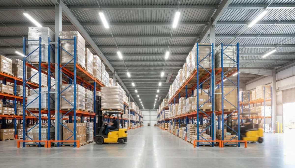 Photorealistic interior view of a modern Australian warehouse featuring tall pallet racking, forklifts in motion, bright lighting, and a clean, organised layout Photorealistic interior view of a modern Australian warehouse featuring tall pallet racking, forklifts in motion, bright lighting, and a clean, organised layout