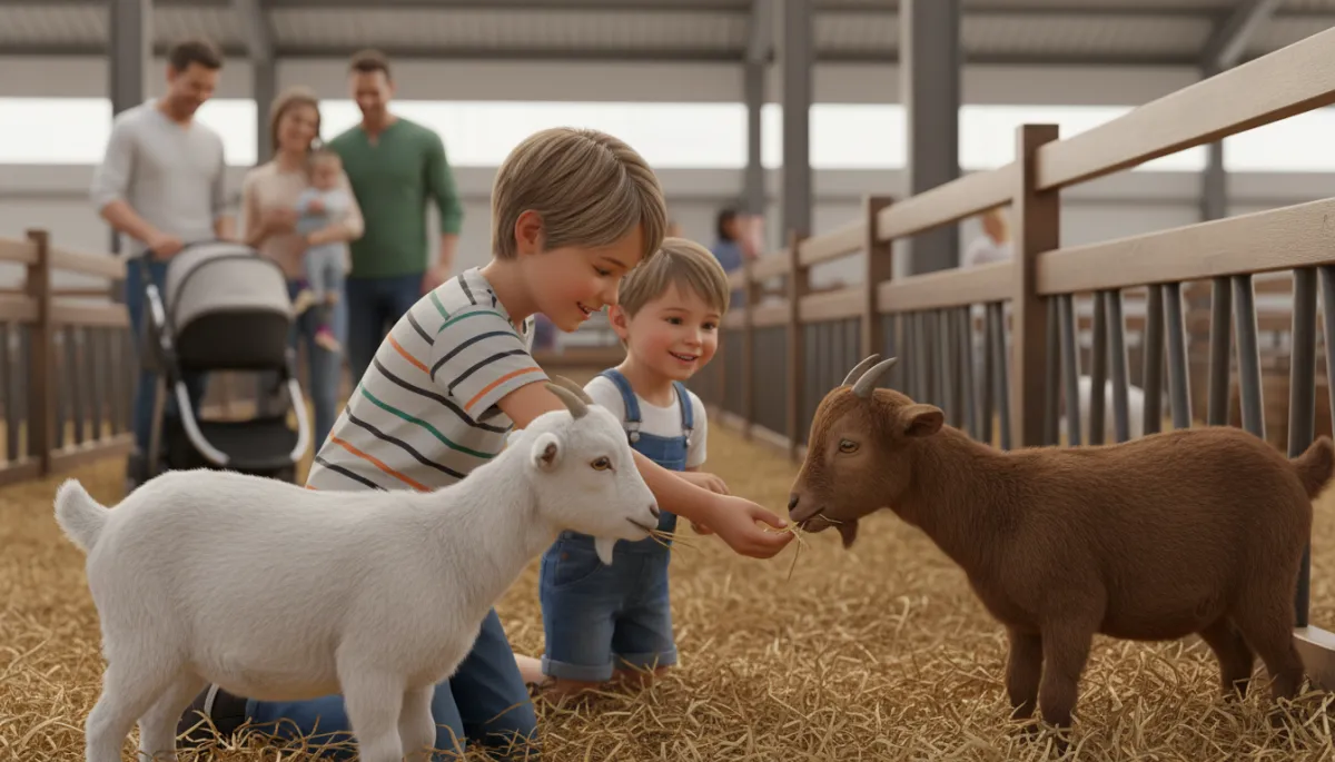 Children meeting farm animals in a livestock barn at the fair Children meeting farm animals in a livestock barn at the fair